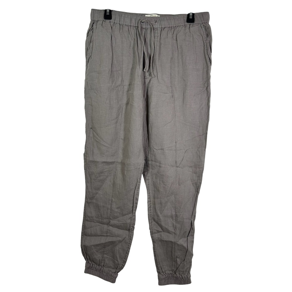 Cynthia Rowley Womens Large 100% Linen Joggers Taupe‎ Gray Elastic Drawstring